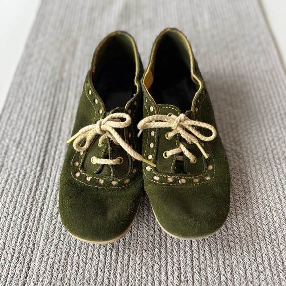 Vintage 70’s Dark Green Suede Tie Oxford Flat Shoes Bowling Shoes Size 8 - Picture 1 of 9